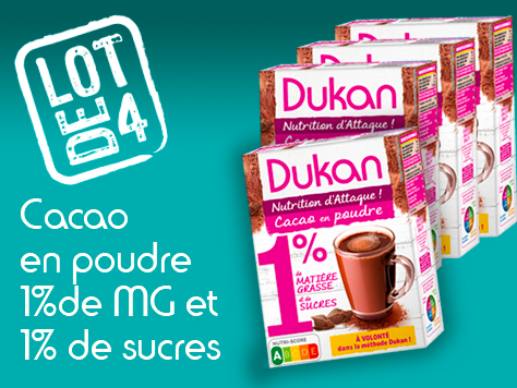 Lot de 4 Cacao en poudre 1% de MG et 1% de sucres DATE COURTE 31 10 2026