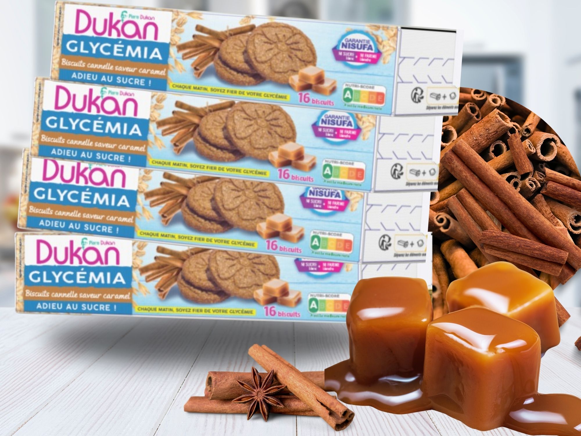 LOT DE 4 Biscuits glycémia cannelle et caramel 132G - 4x4 biscuits - NOUVELLE RECETTE - NOUVEAU FORMAT