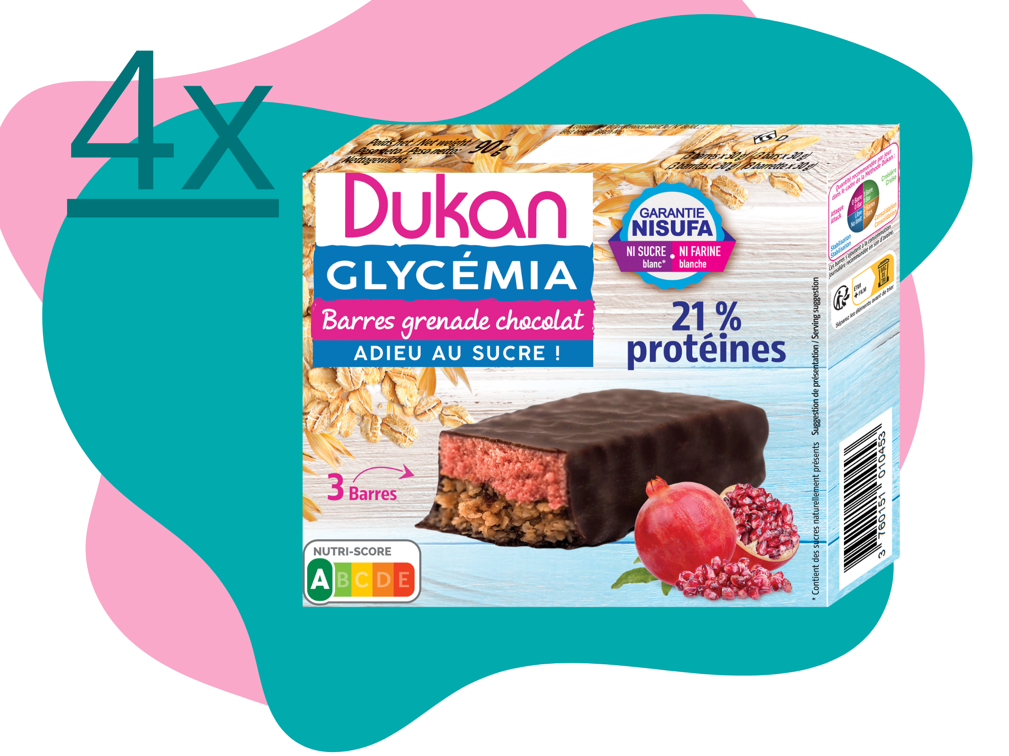 Lot de 4 Dukan barres grenade et chocolat  Glycémia (3x30g l'unité)