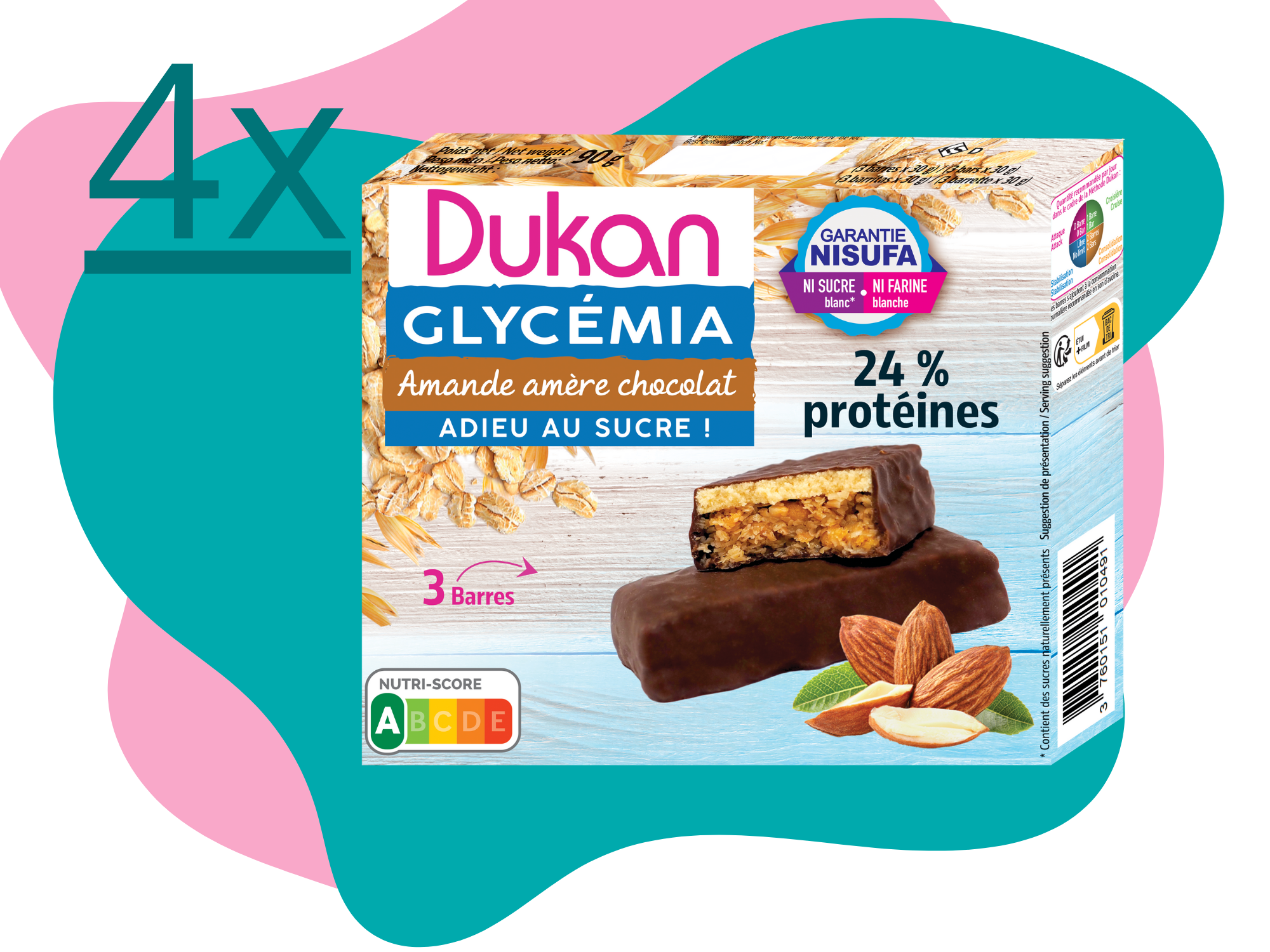 Lot de 4 Dukan barres Glycémia Amandes et chocolat 90G (3x30g l'unité)